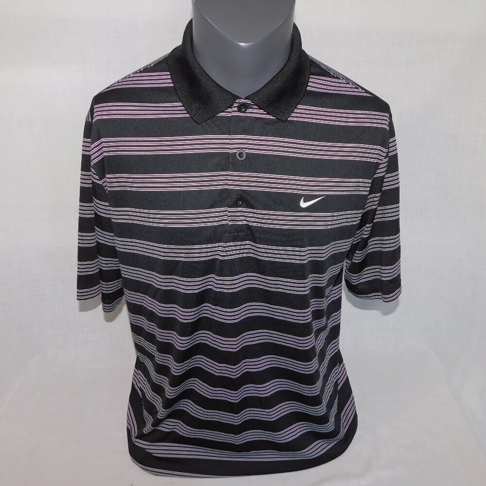 Nike Golf Dri Fit Tour Performance Black White Striped Polo Shirt Mens L